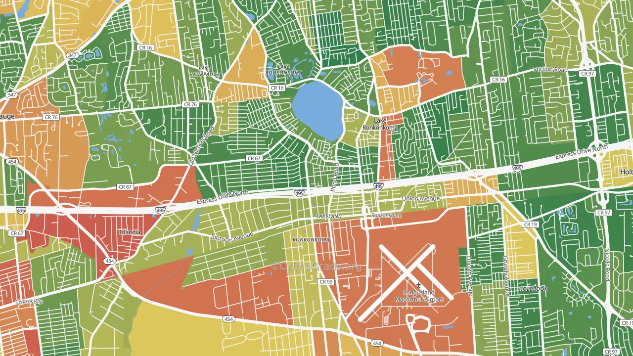 Ronkonkoma, NY Map of Robbery Rates