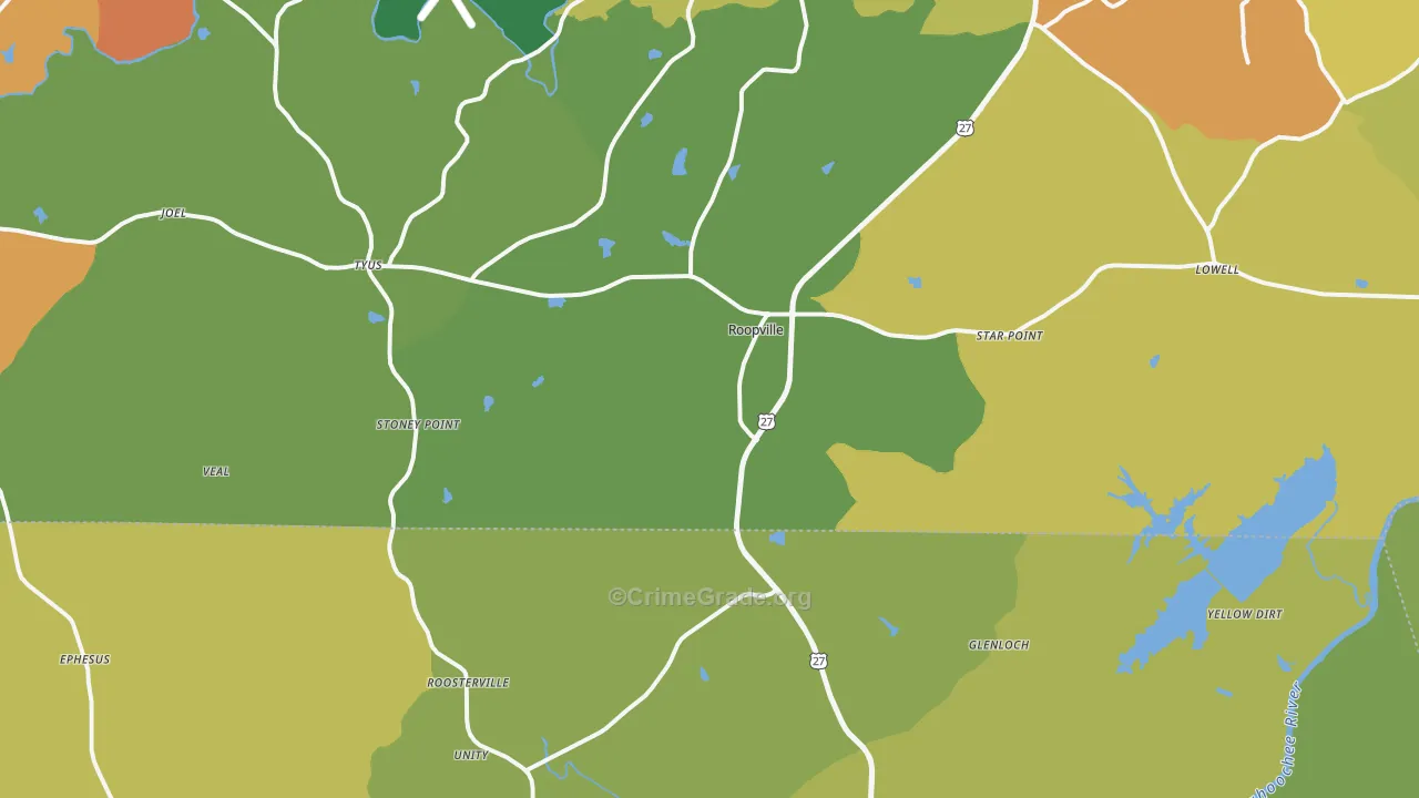 Roopville, GA Map of Robbery Rates
