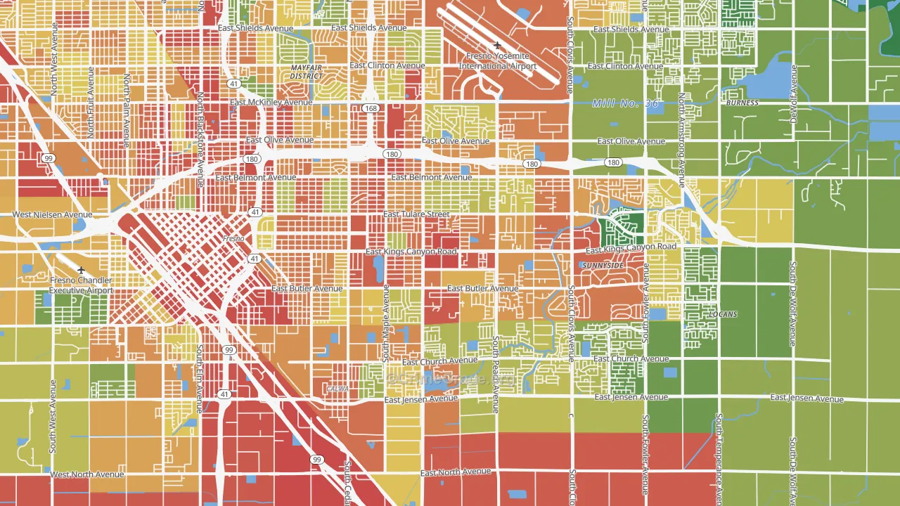 Roosevelt, Fresno, CA Map of Robbery Rates