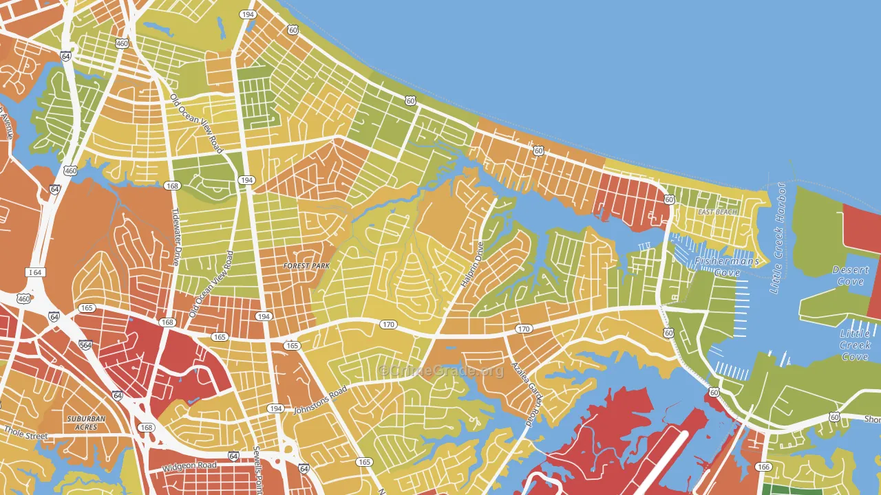 Roosevelt Gardens Area, Norfolk, VA Map of Robbery Rates