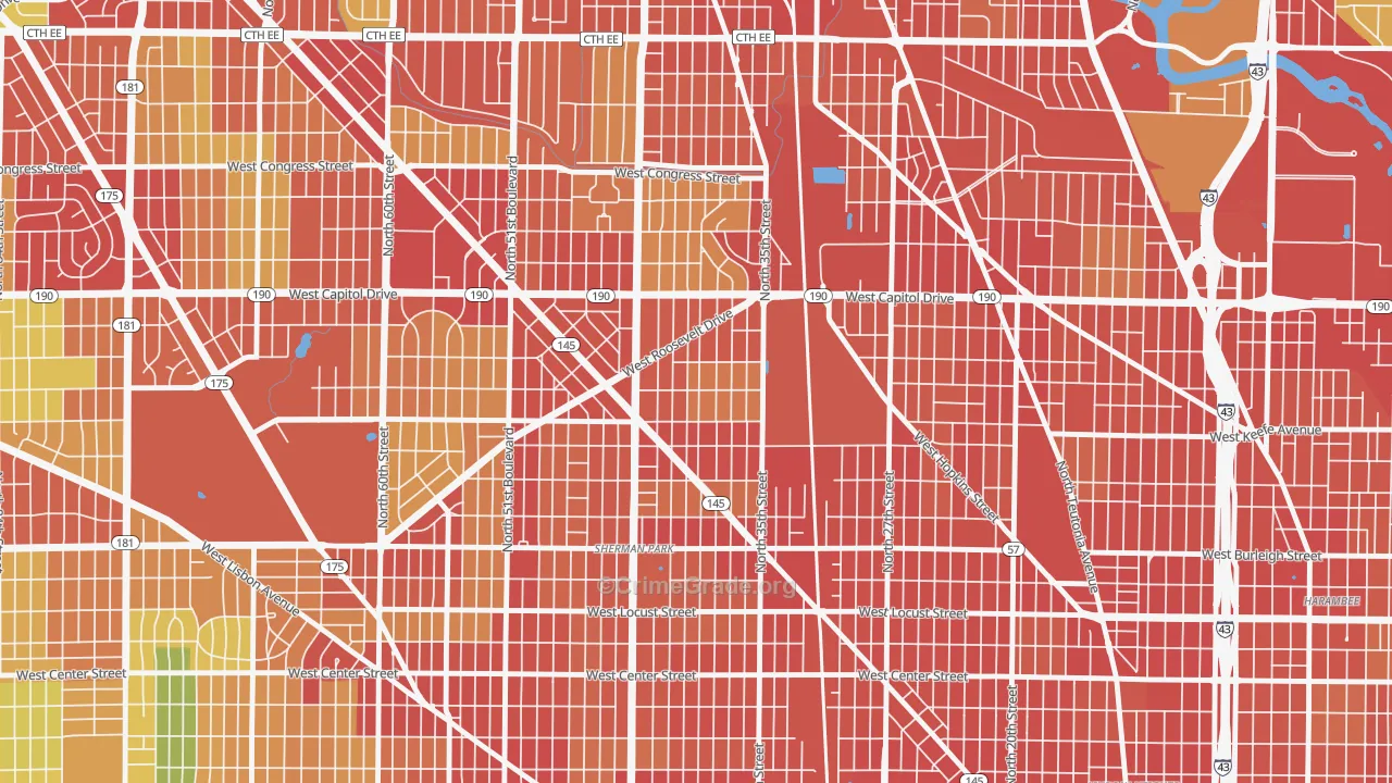 Roosevelt Grove, Milwaukee, WI Map of Robbery Rates