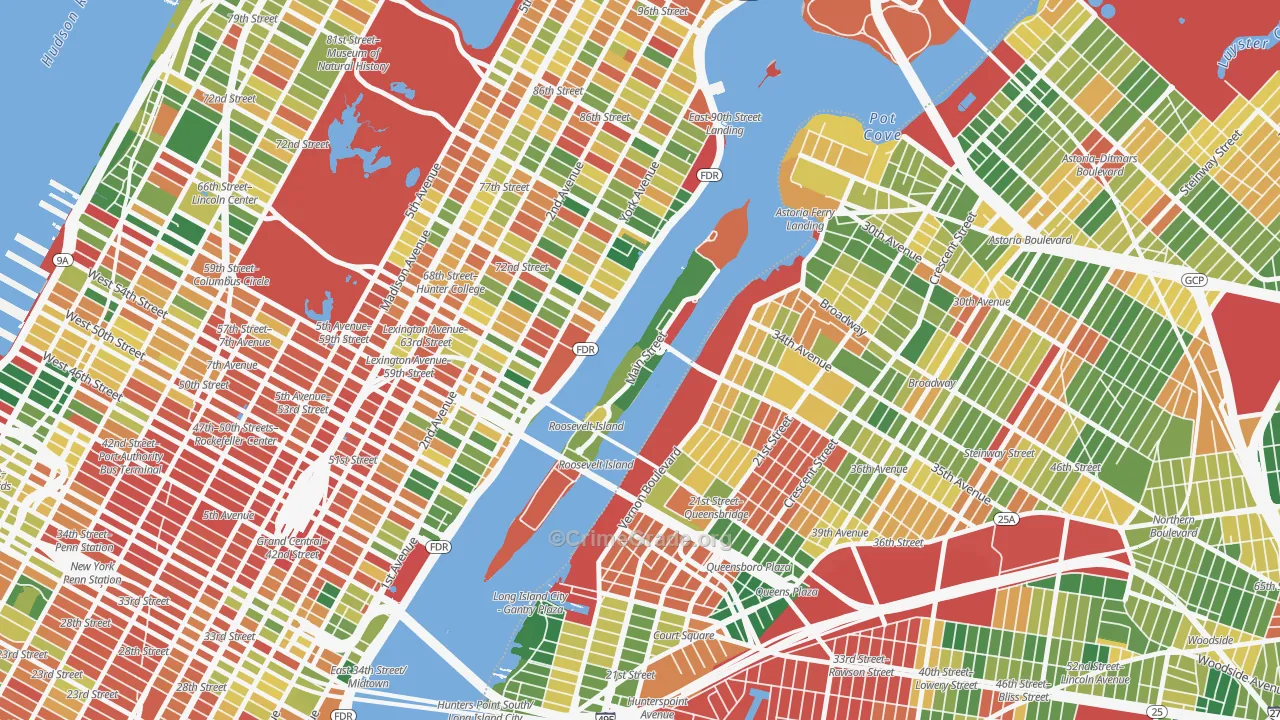 Roosevelt Island, Manhattan, NY Map of Robbery Rates