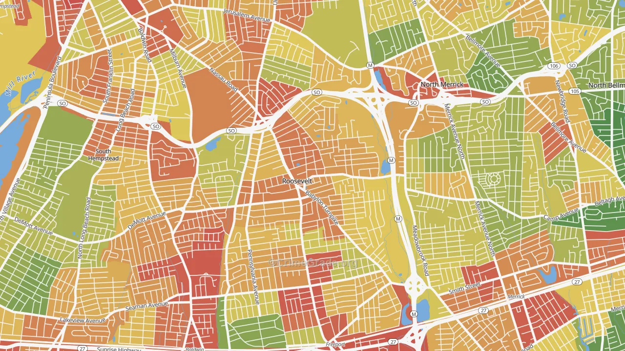 Roosevelt, NY Map of Robbery Rates