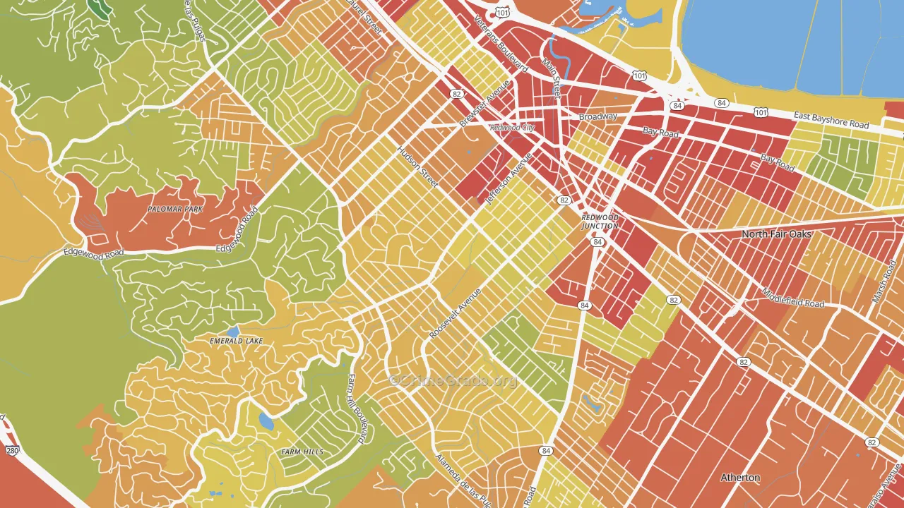 Roosevelt-San Francisco, Redwood City, CA Map of Robbery Rates