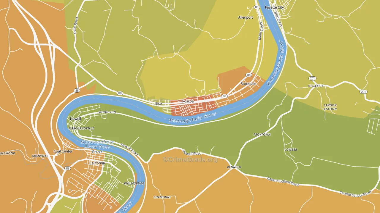 Roscoe, PA Map of Robbery Rates