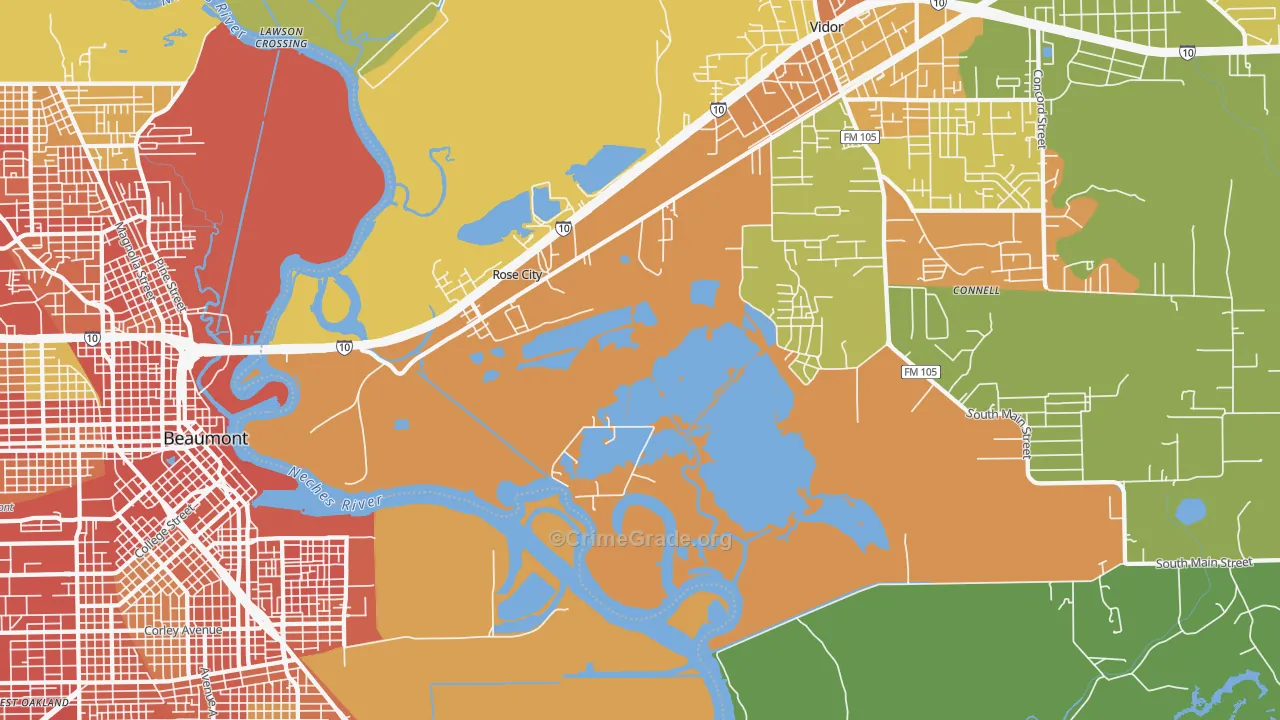 Rose City, TX Map of Robbery Rates