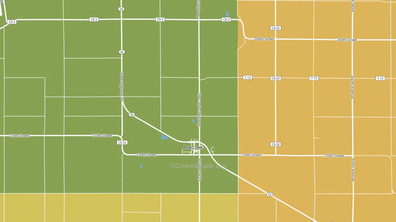 Rose Creek, MN Map of Robbery Rates