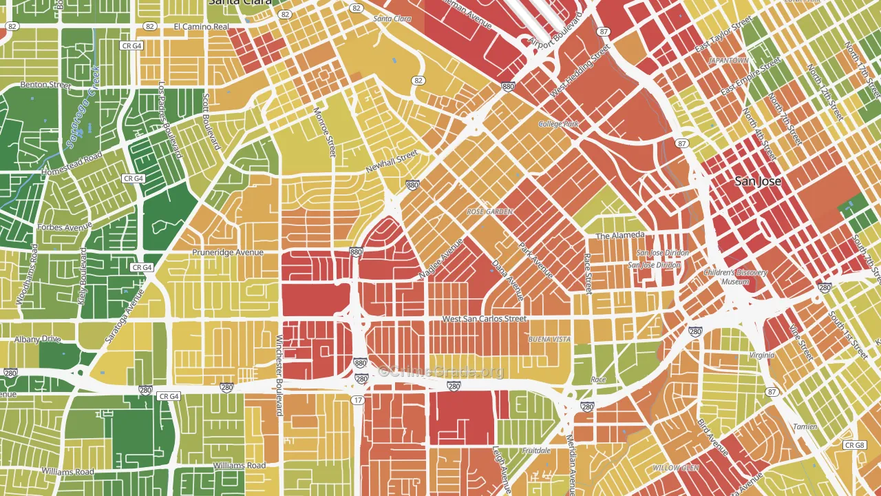 Rose Garden, San Jose, CA Map of Robbery Rates