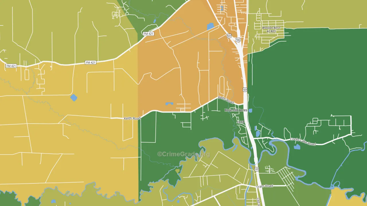 Rose Hill Acres, TX Map of Robbery Rates