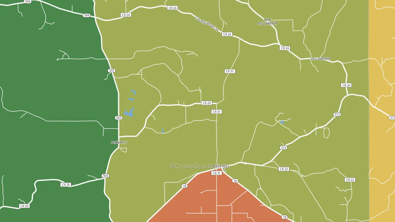 Rose Hill, MS Map of Robbery Rates