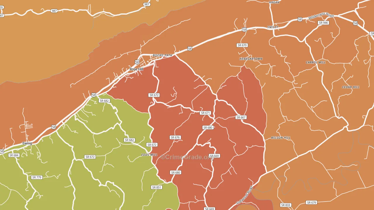Rose Hill, VA Map of Robbery Rates