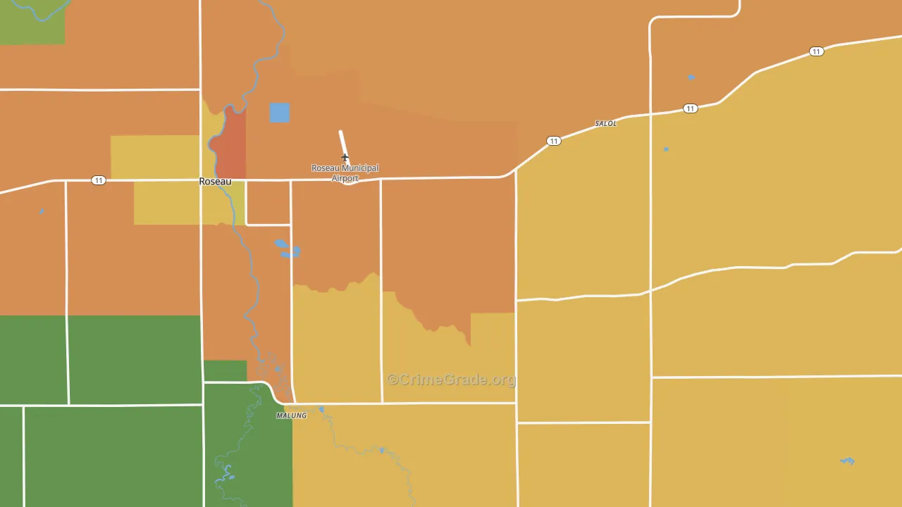 Roseau County, MN Map of Robbery Rates