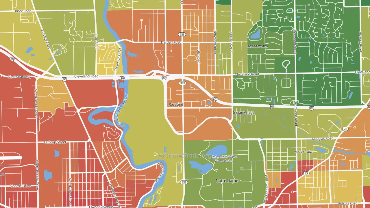 Roseland, IN Map of Robbery Rates