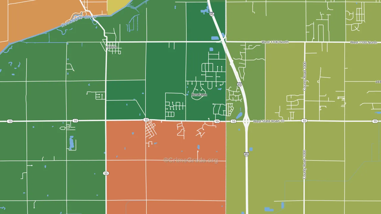 Roselawn, IN Map of Robbery Rates