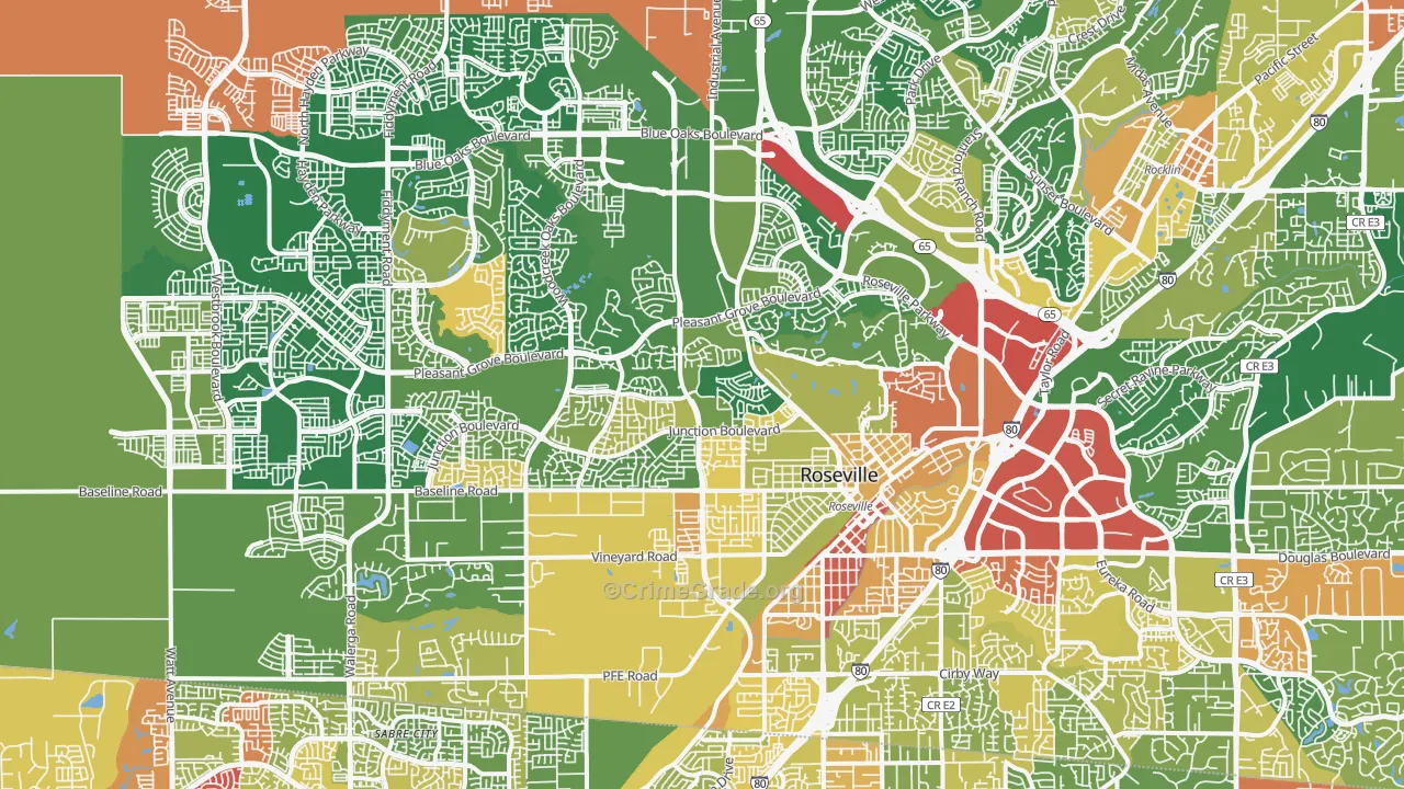 Roseville, CA Map of Robbery Rates