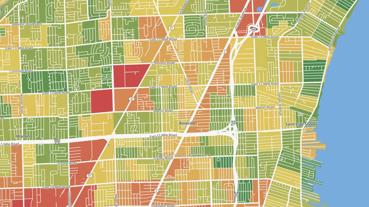 Roseville, MI Map of Robbery Rates