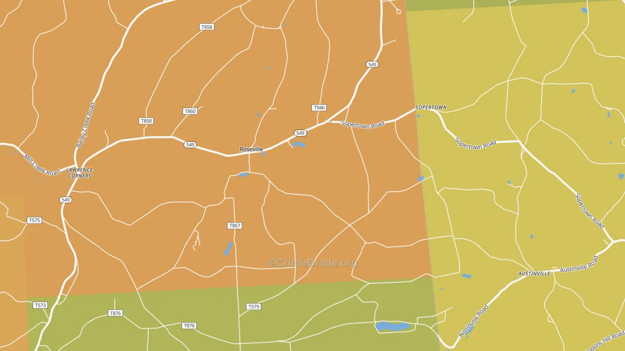 Roseville, PA Map of Robbery Rates