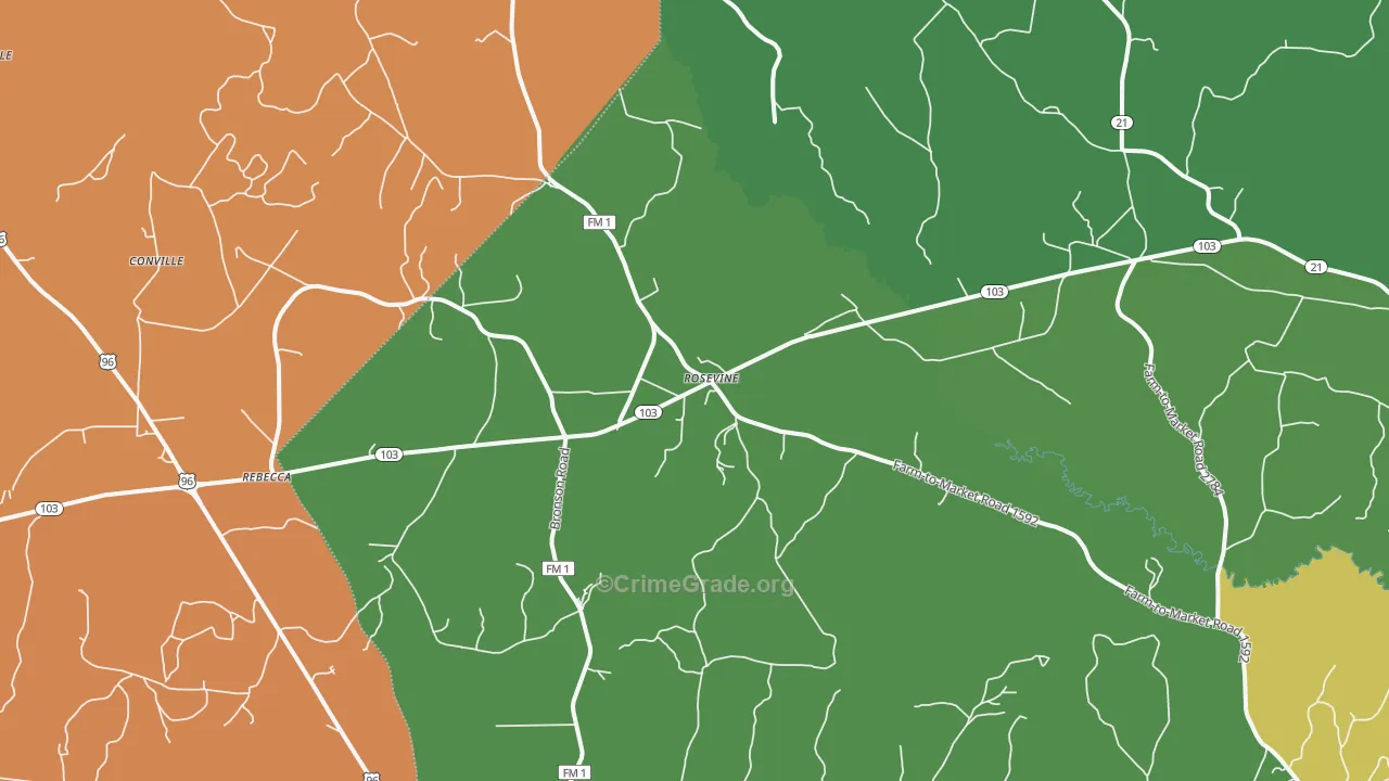 Rosevine, TX Map of Robbery Rates