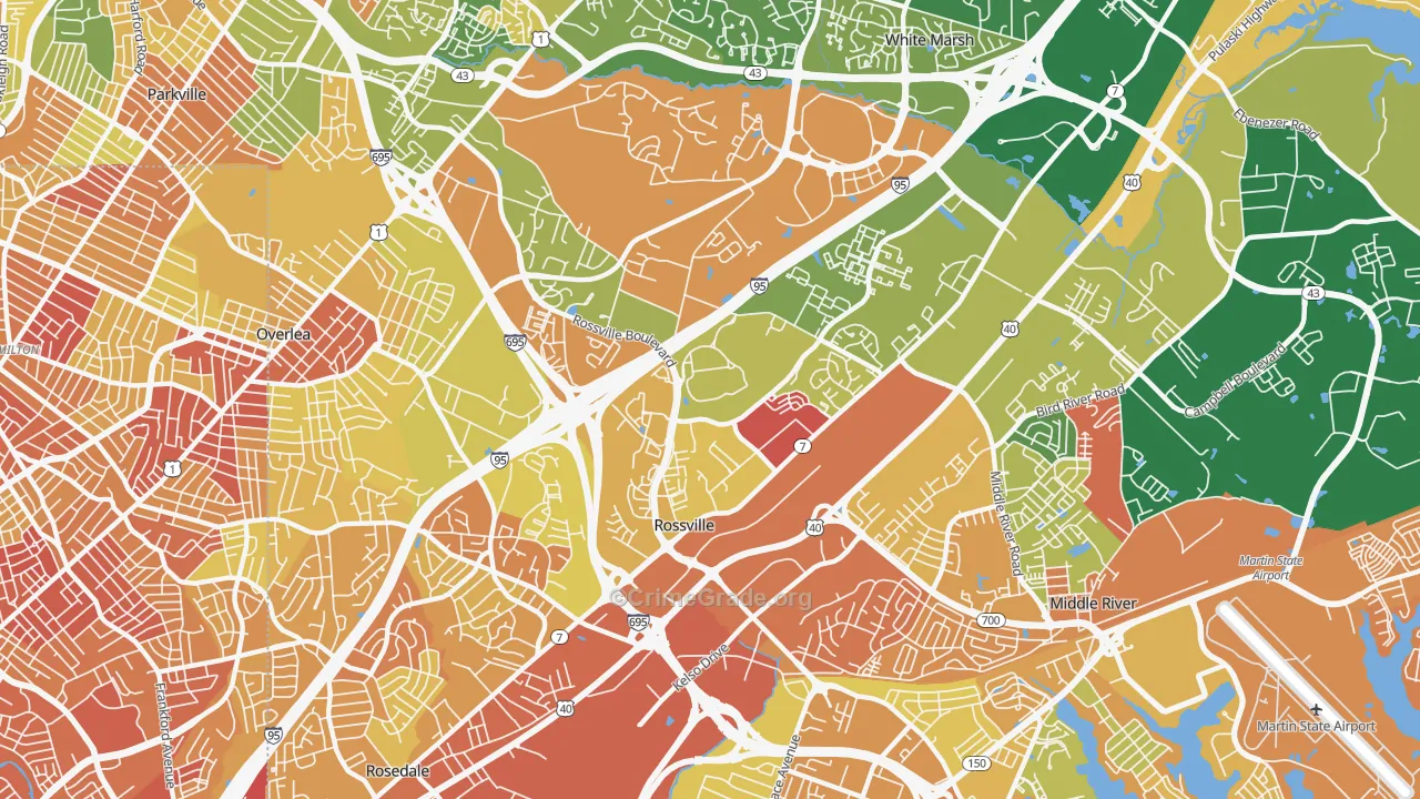 Rossville, MD Map of Robbery Rates