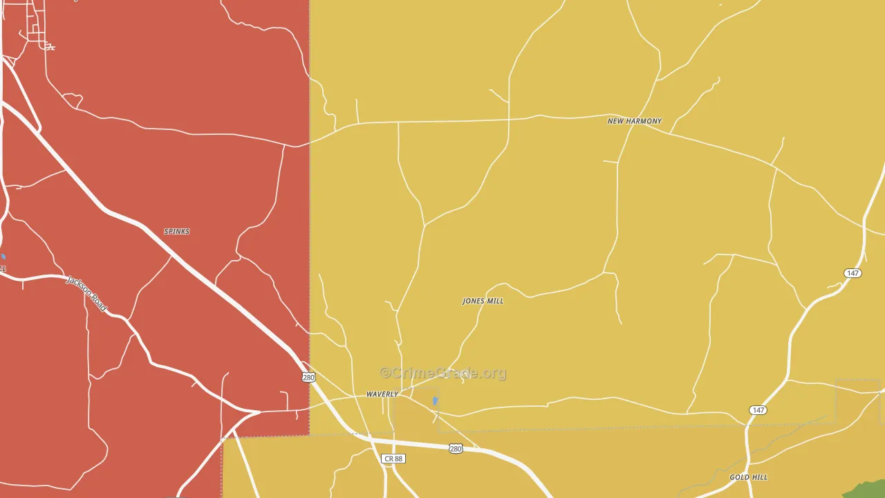 Round Mountain, AL Map of Robbery Rates