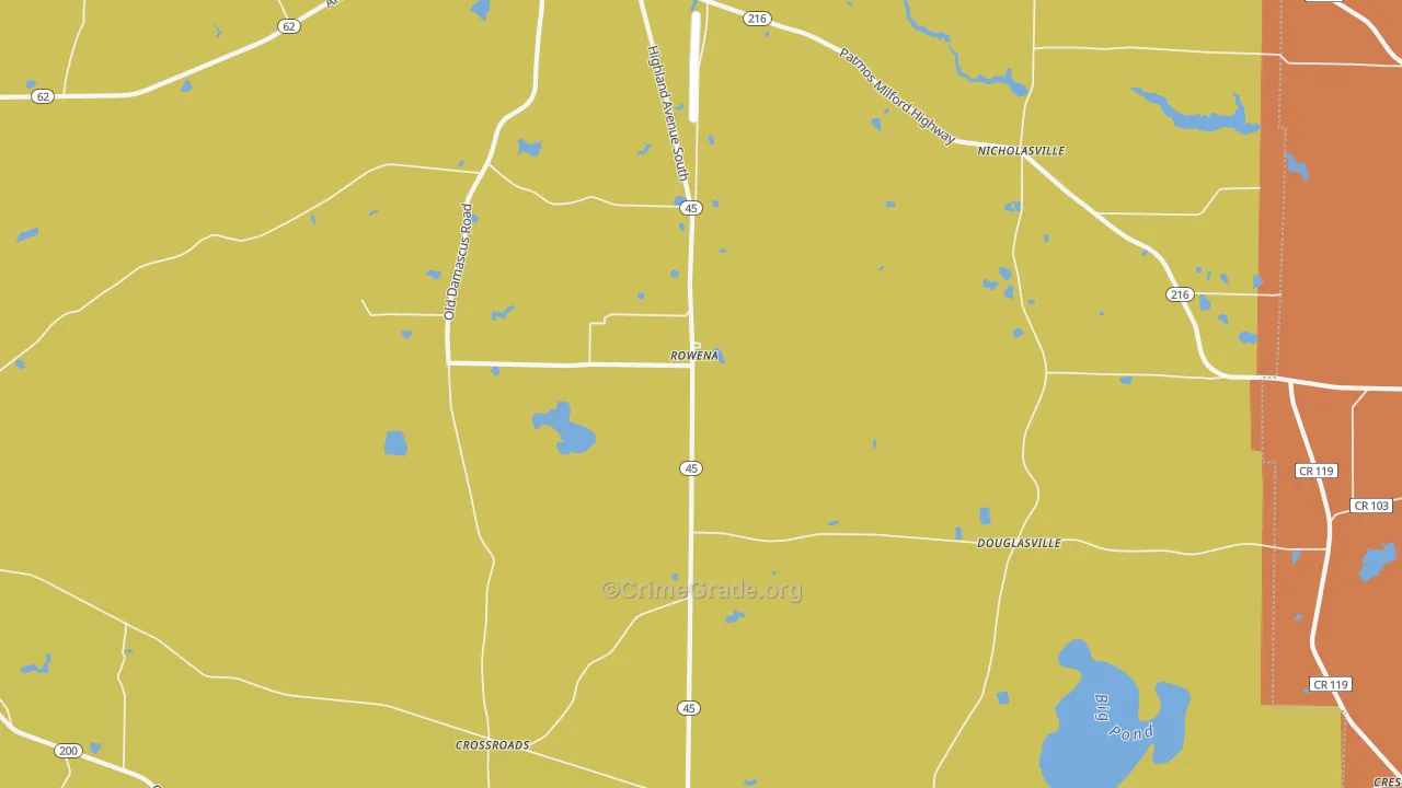 Rowena, GA Map of Robbery Rates