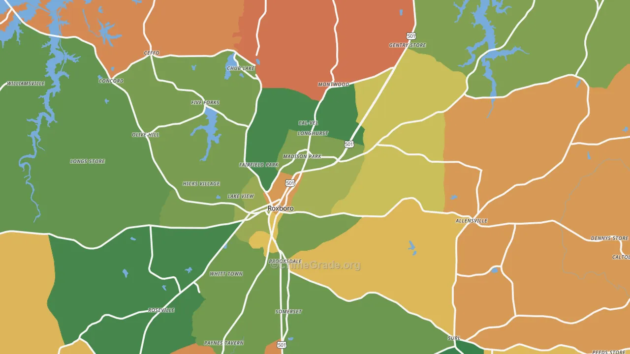 Roxboro, NC Map of Robbery Rates