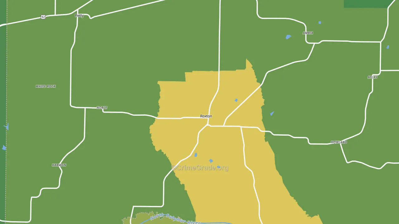 Roxton, TX Map of Robbery Rates