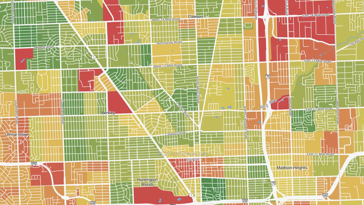 Royal Oak, MI Map of Robbery Rates