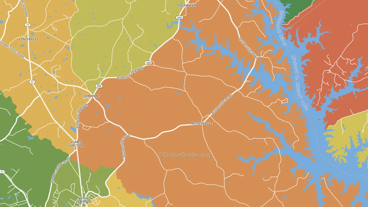 Ruckersville, GA Map of Robbery Rates