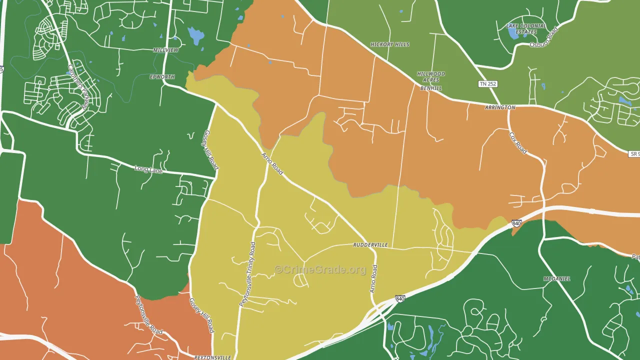 Rudderville, TN Map of Robbery Rates