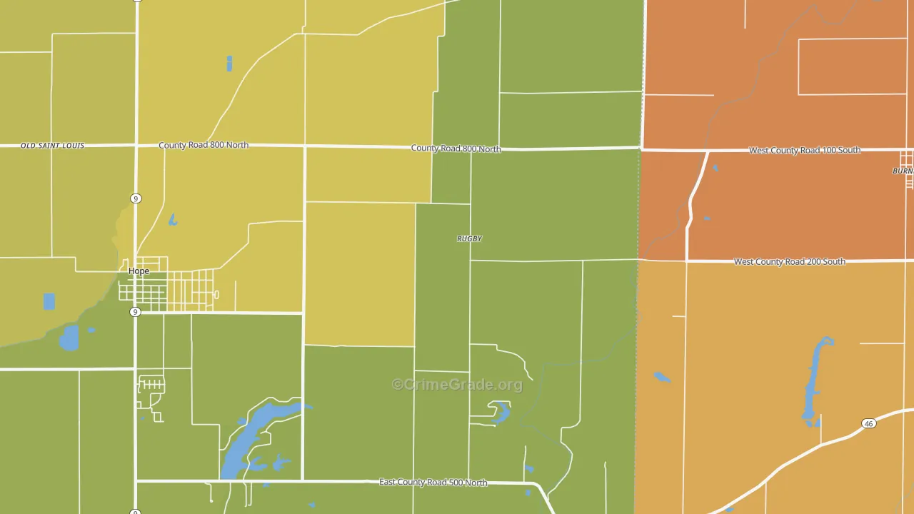 Rugby, IN Map of Robbery Rates