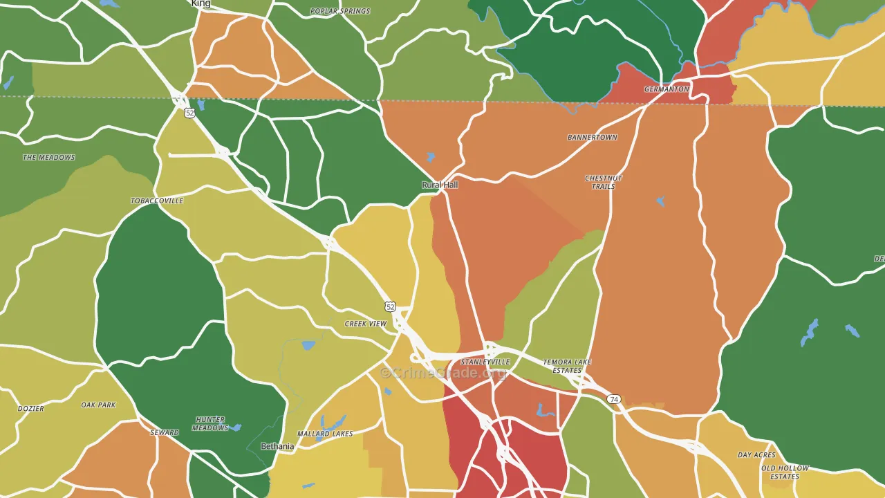 Rural Hall, NC Map of Robbery Rates
