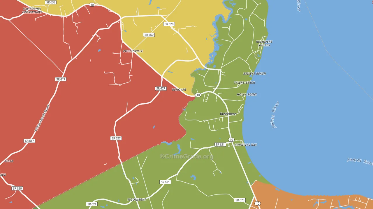 Rushmere, VA Map of Robbery Rates