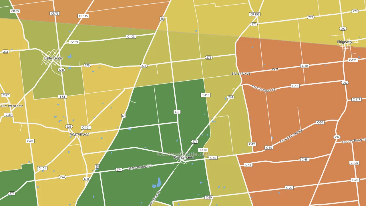 Rushsylvania, OH Map of Robbery Rates