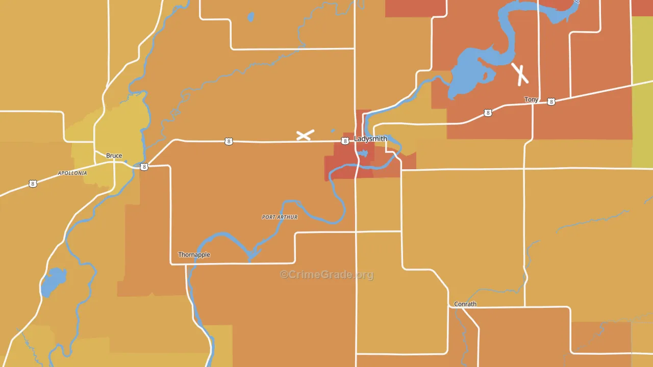 Rusk County, WI Map of Robbery Rates