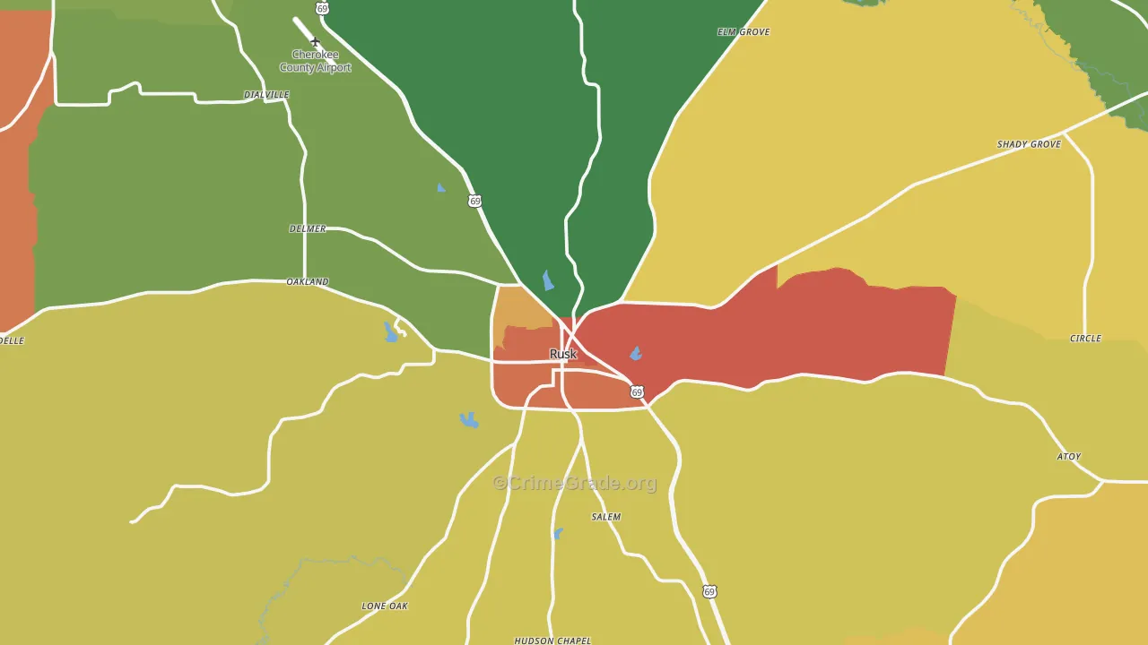 Rusk, TX Map of Robbery Rates