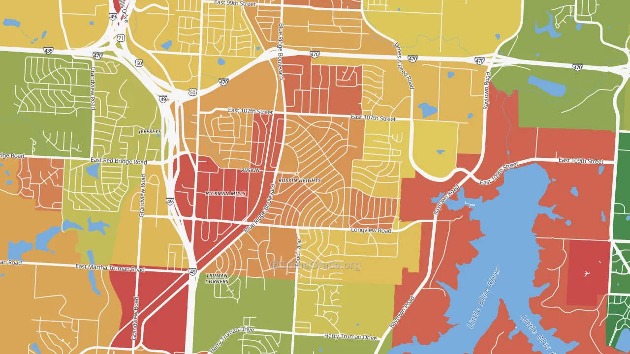 Ruskin Heights, Kansas City, MO Map of Robbery Rates
