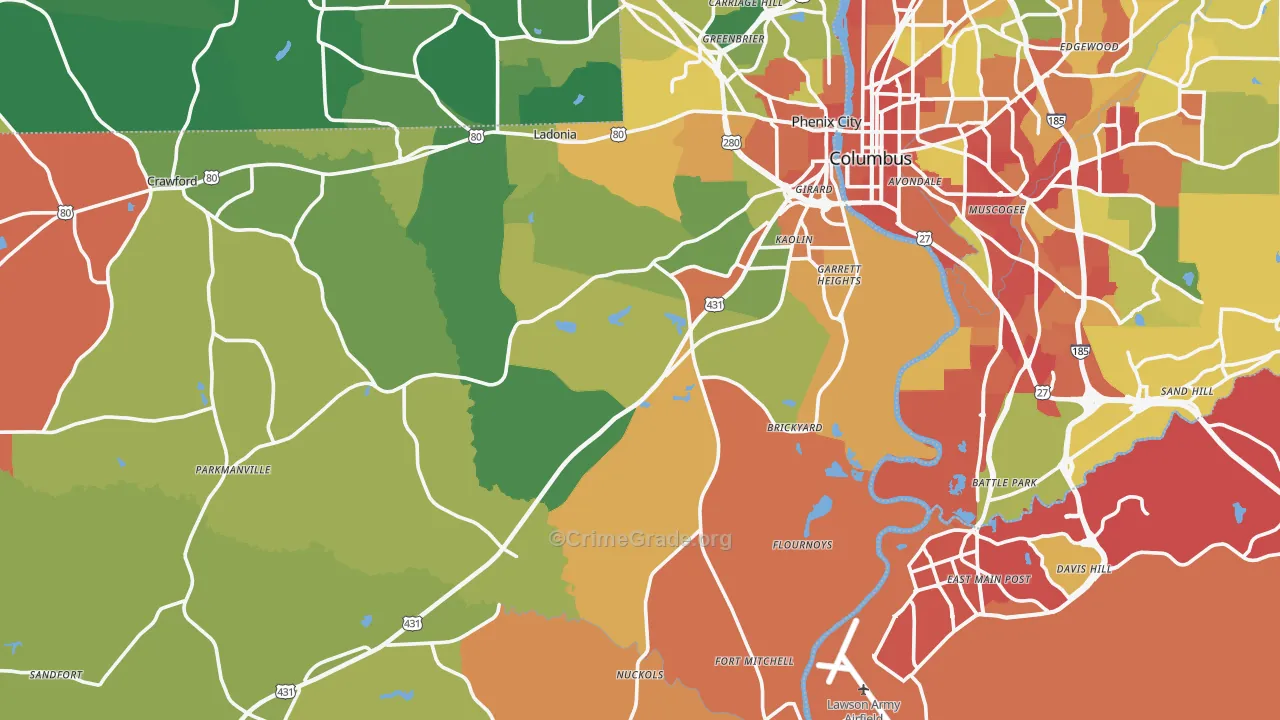Russell County, AL Map of Robbery Rates