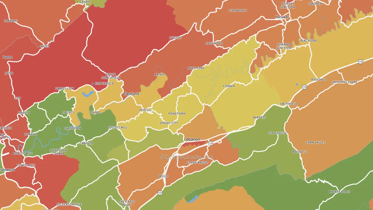 Russell County, VA Map of Robbery Rates