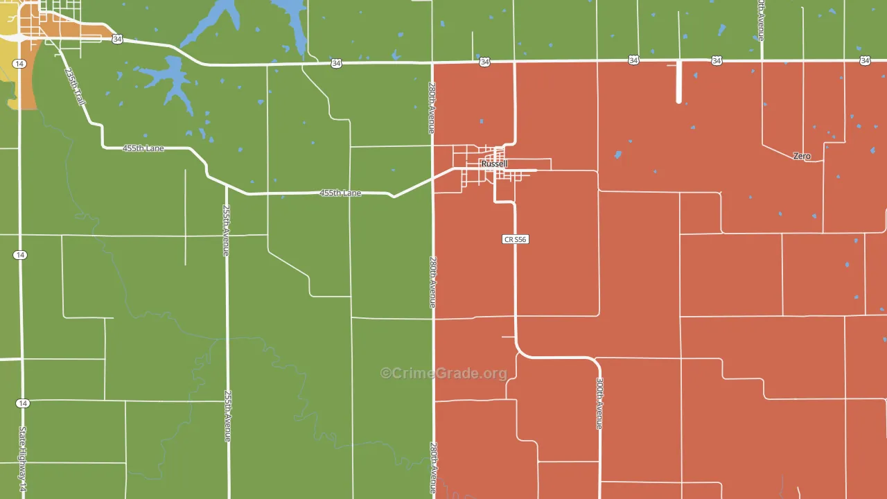 Russell, IA Map of Robbery Rates