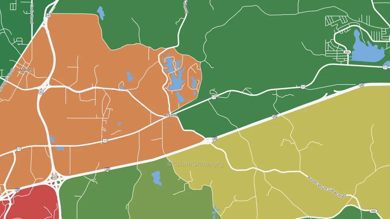 Russell, MS Map of Robbery Rates