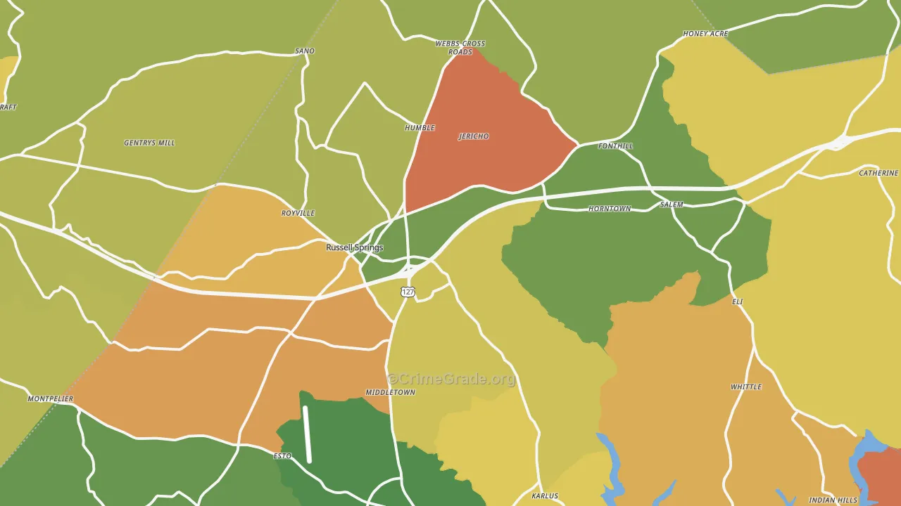 Russell Springs, KY Map of Robbery Rates