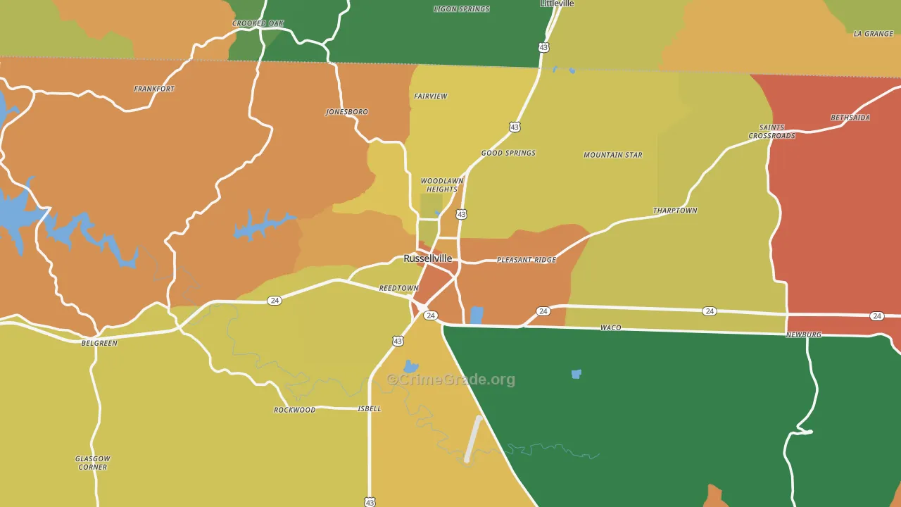 Russellville, AL Map of Robbery Rates