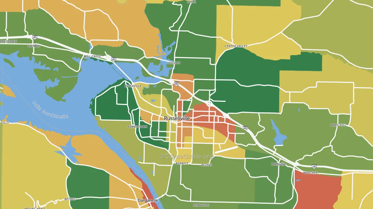 Russellville, AR Map of Robbery Rates