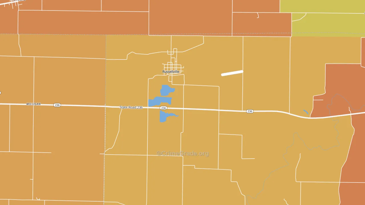 Russellville, IN Map of Robbery Rates