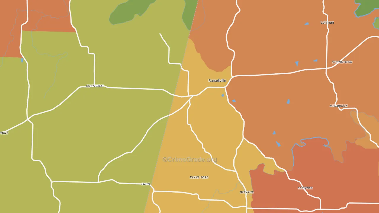 Russellville, MO Map of Robbery Rates