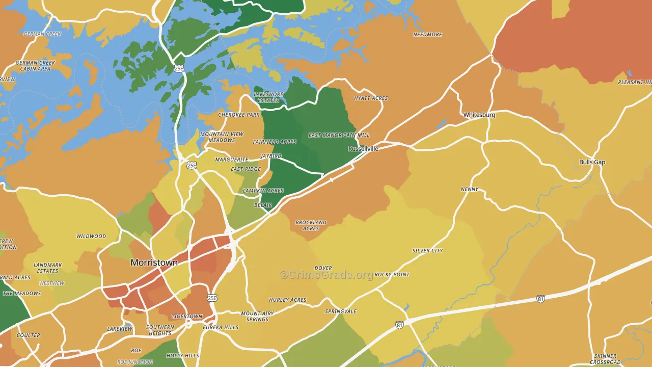 Russellville, TN Map of Robbery Rates