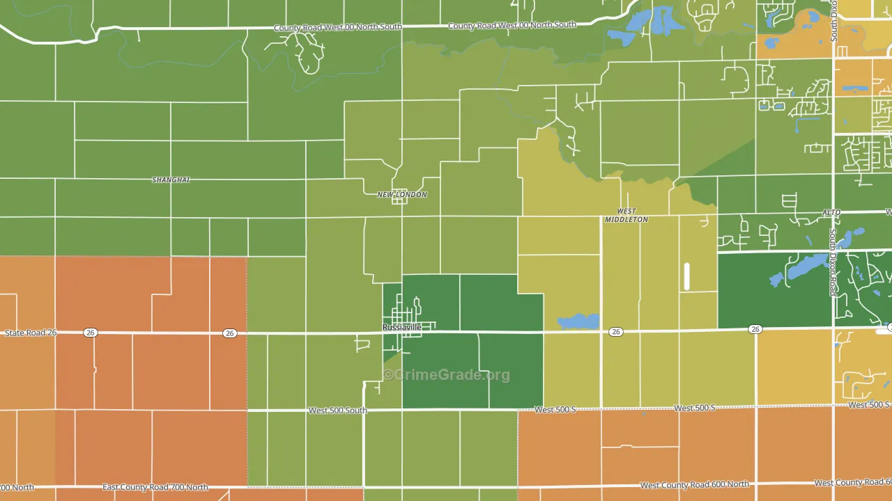 Russiaville, IN Map of Robbery Rates