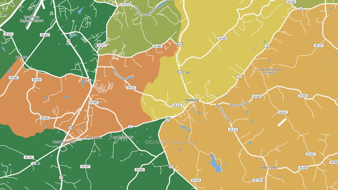 Rustburg, VA Map of Robbery Rates