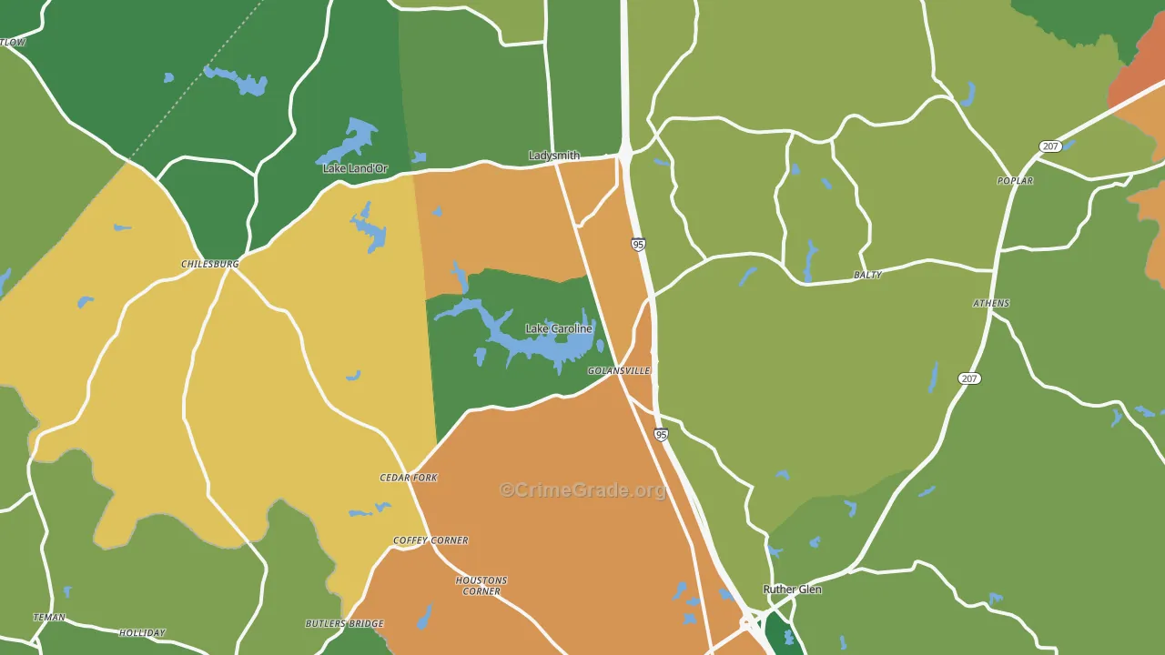 Ruther Glen, VA Map of Robbery Rates
